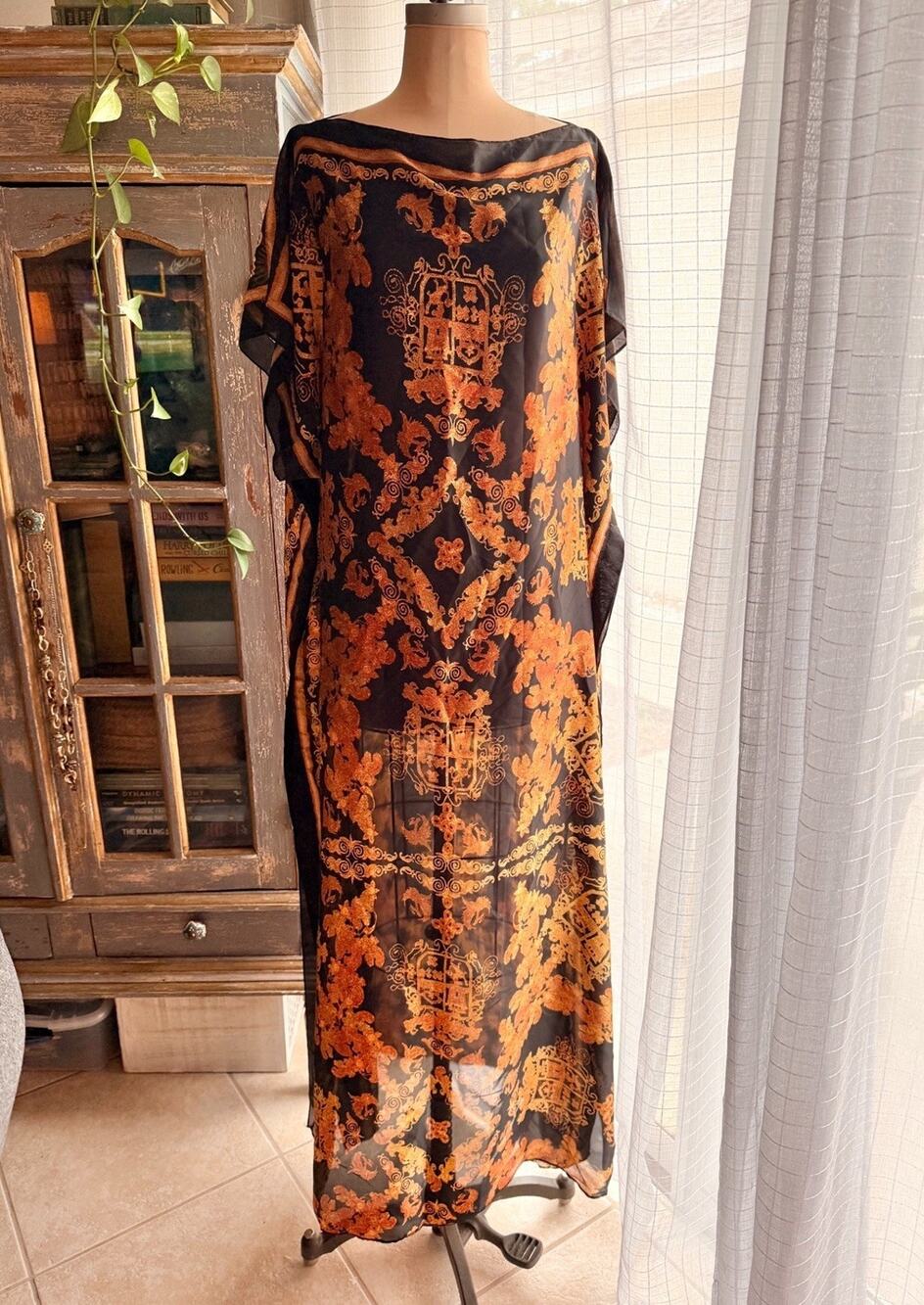 Baroque Caftan Kaftan Maxi Dress Goddess Batwing Black Gold Orange One Size